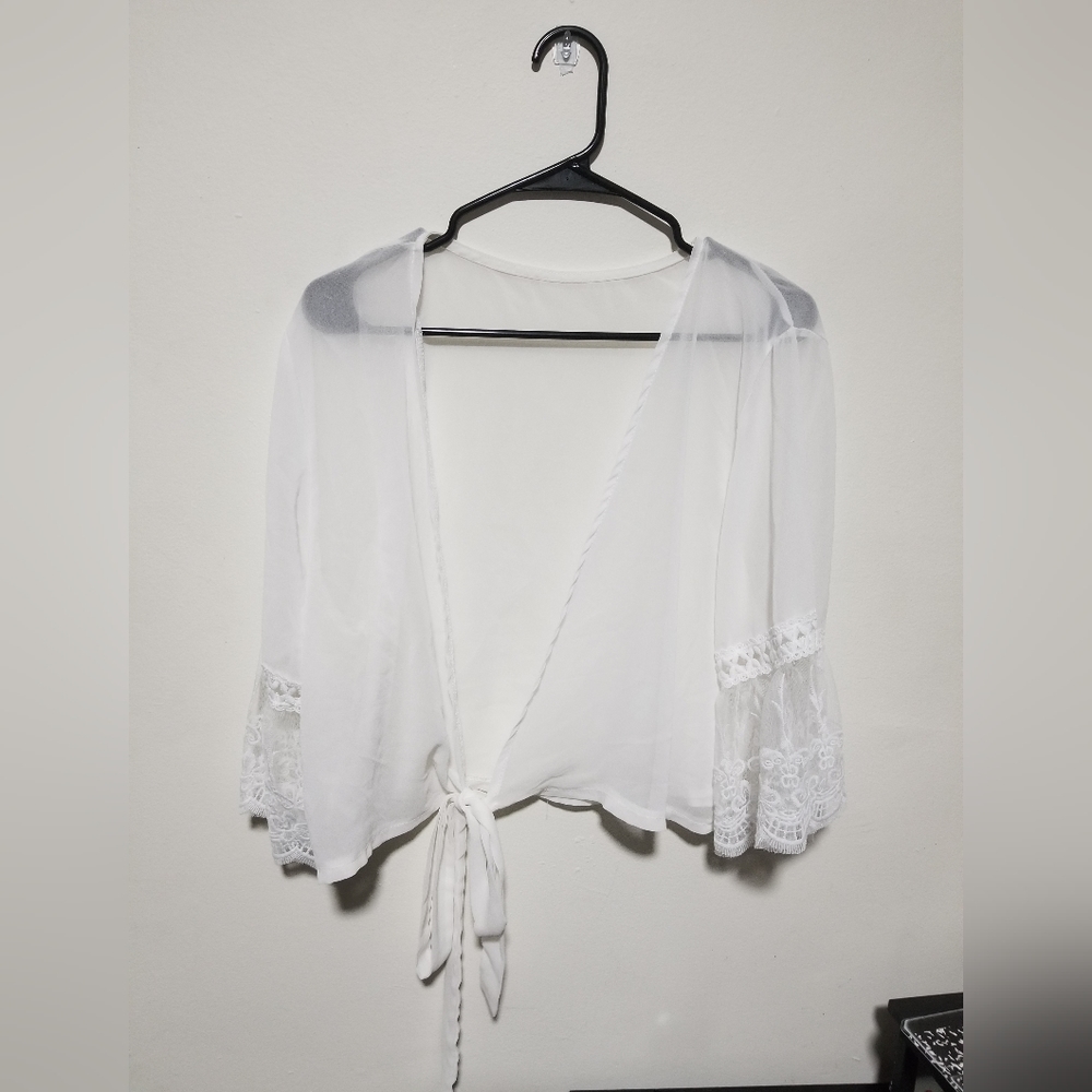 Sheer Front Tie Over Throw Blouse White Light Cardigan Womens Tops Lace Design